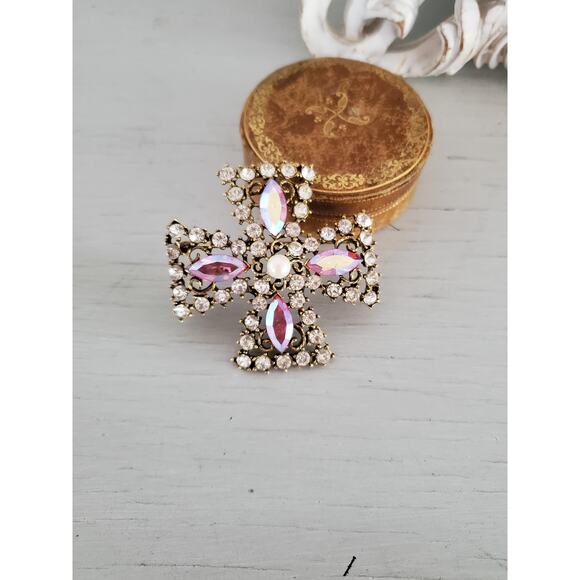 Vintage Large Pink and Clear Rhinestone Maltese Cross Brooch - Picture 1 of 5